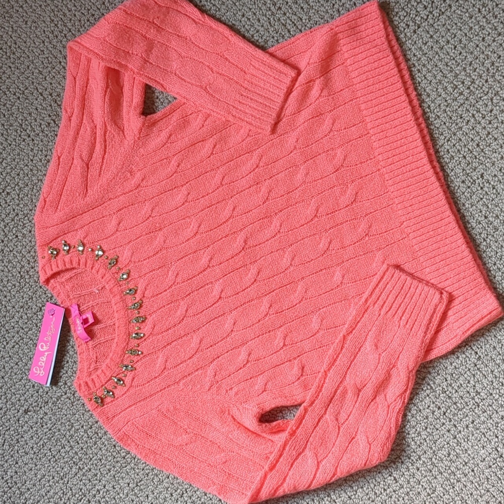 Lilly Pulitzer Dario Rhinestone Embellished Coral Scoop Neck Cable Knit Sweater - Picture 9 of 13
